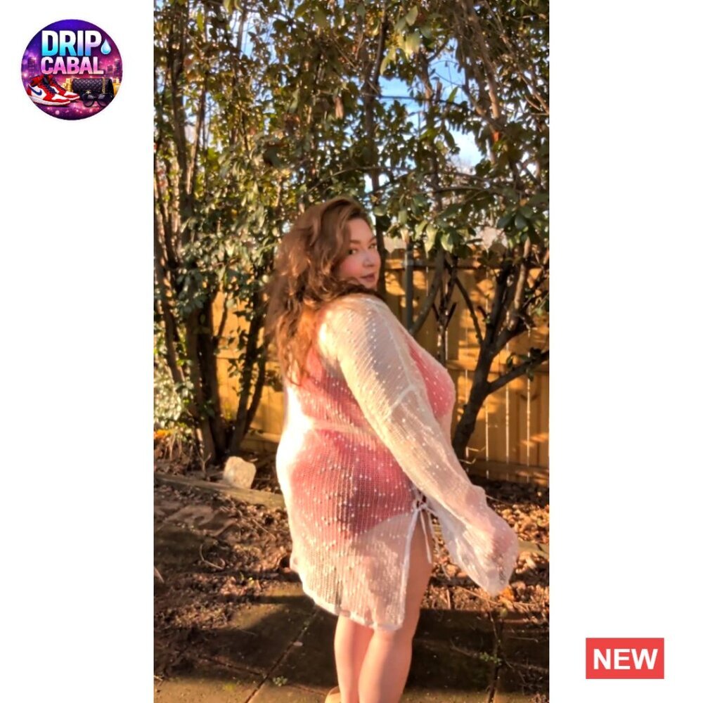 Plus Size Crochet Cover Up Long Sleeve Boat Neck Swimsuit Kaftan Dress - Picture 7 of 7